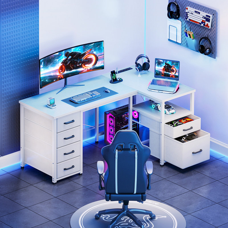 L-shaped Desk With 5-tier Under-desk Drawers,reversible Desk With Large Cabinet, Writing Desk With Power Outlets, Home Office Desk  With Cpu Stand