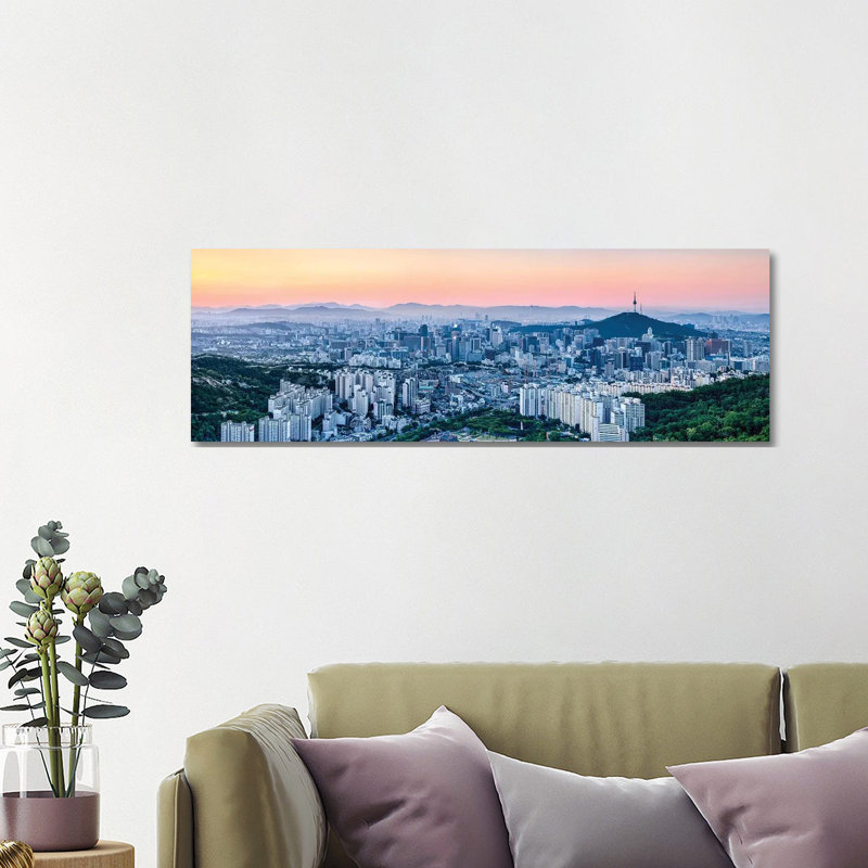 Seoul Skyline at Sunset with Namsan Mountain and N Seoul Tower 1 Piece Wrapped Canvas Panoramic Wall Art