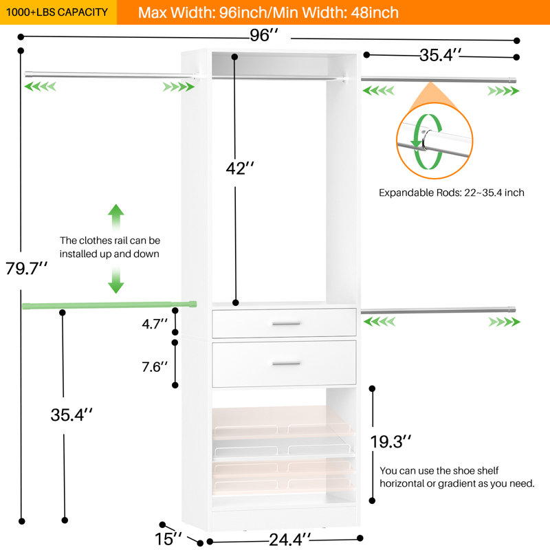 Système d'organisation 96 po avec 2 tiroirs en bois et support à chaussures réglable (largeur réglable), Blanc