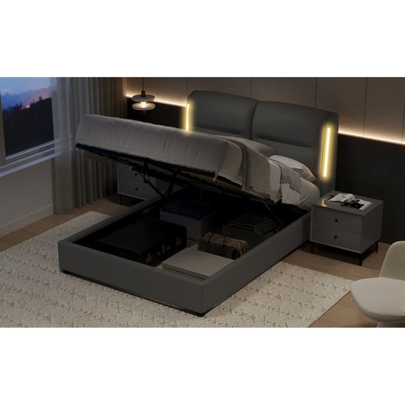 Grand lit moderne avec compartiment de rangement, cadre, cuir gratté, rangement avec rangement en tissu Sensor Night, métal et bois, confortable