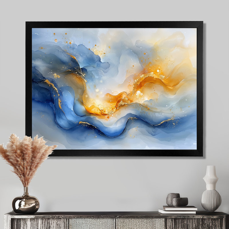 «Blue Yellow Dream Lines V - Abstract collages», art mural, Cadre simple, Noir, noir, noir, noir, H 12 po x l 20 po
