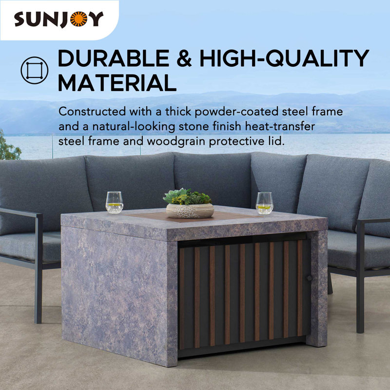 Sunjoy 38" Square Stone and Steel Propane Fire Pit Table