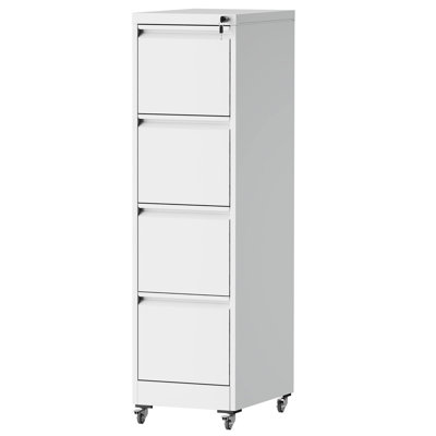 White 4 Drawer File Cabinet On Wheels, Metal, Adjustable Bar, - Tilt System, Easy Assembly, Steel Bearing Suspension, Low Maintenance Vertical Cabinet, White, Secure Storage For Valuables, Feature,