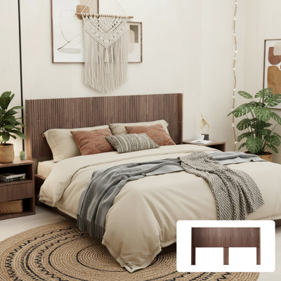 King Size 80.2 In Wide Wall Mounted Walnut Fluted Panel Wingback Wood Headboard With Elegant Real Appearance And Contemporary 3d Carving Design Featuring Style