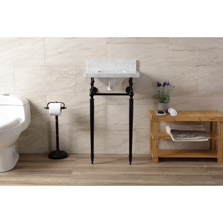 Edwardian Marble White/Matte Black Rectangular Console Bathroom Sink with Overflow