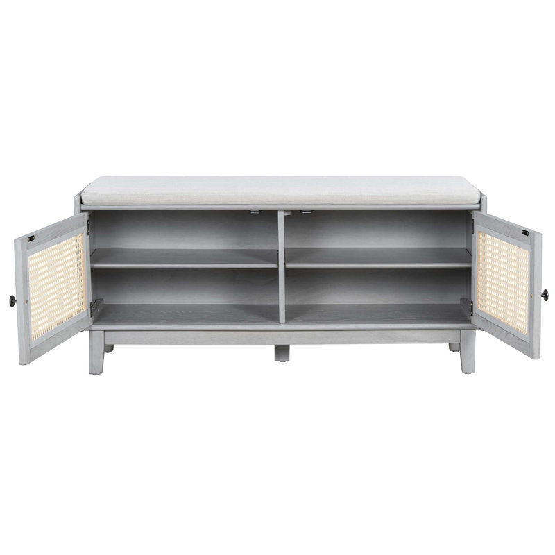 Banc d'entrée en rotin avec rangement Boho, banc à chaussures rembourré avec portes doubles, rangement en bois