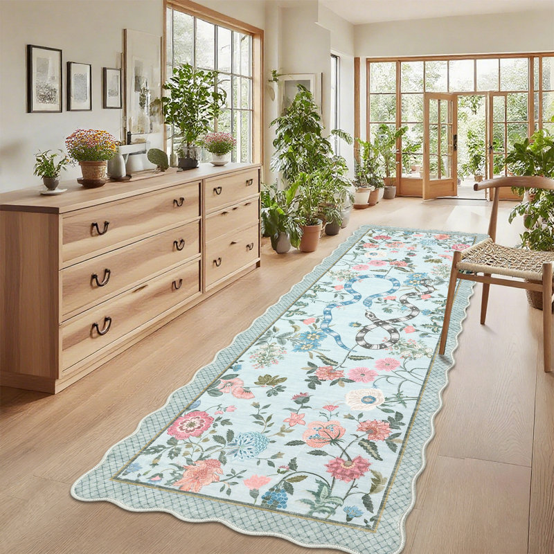 Tapis festonné moderne antidérapant Farmhouse Floral, Tapis de couloir 2 pi x 6 pi
