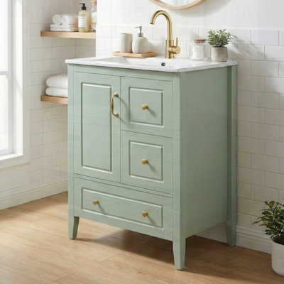 Meuble-lavabo de salle de bain avec lavabo, une armoire avec porte à fermeture en douceur, 3 tiroirs à fermeture en douceur, poignées en métal rétro