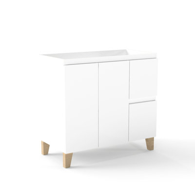 Meuble-lavabo de 91 cm (36 po) : 2 portes, grands tiroirs, système de fermeture amortie, poignées, fini blanc, support en bois massif naturel, compatible avec vasque. Meuble-lavabo moderne : fermeture amortie, céramique brillante.