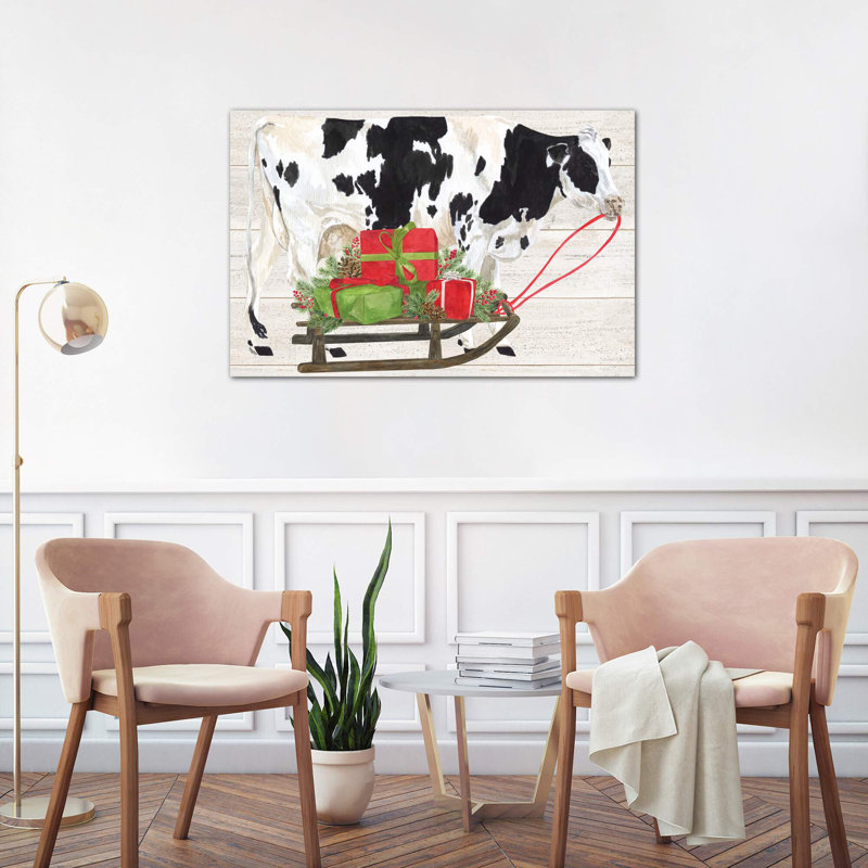 Christmas On The Farm I - Cow With Sled by Tara Reed - Wrapped Canvas Painting, 101.6 cm H x 66.04 cm W x 1.91 cm D