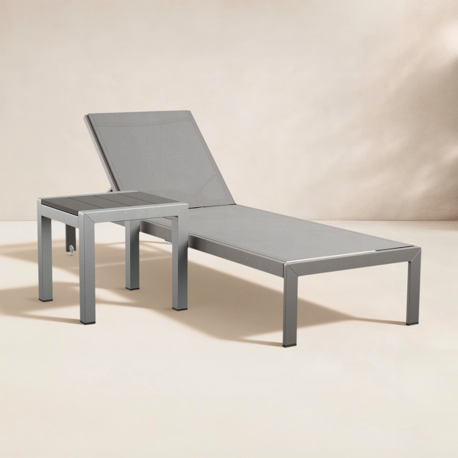 Aynura 76" Long Reclining Chaise Lounge Set with Table, Gray, Satin Silver