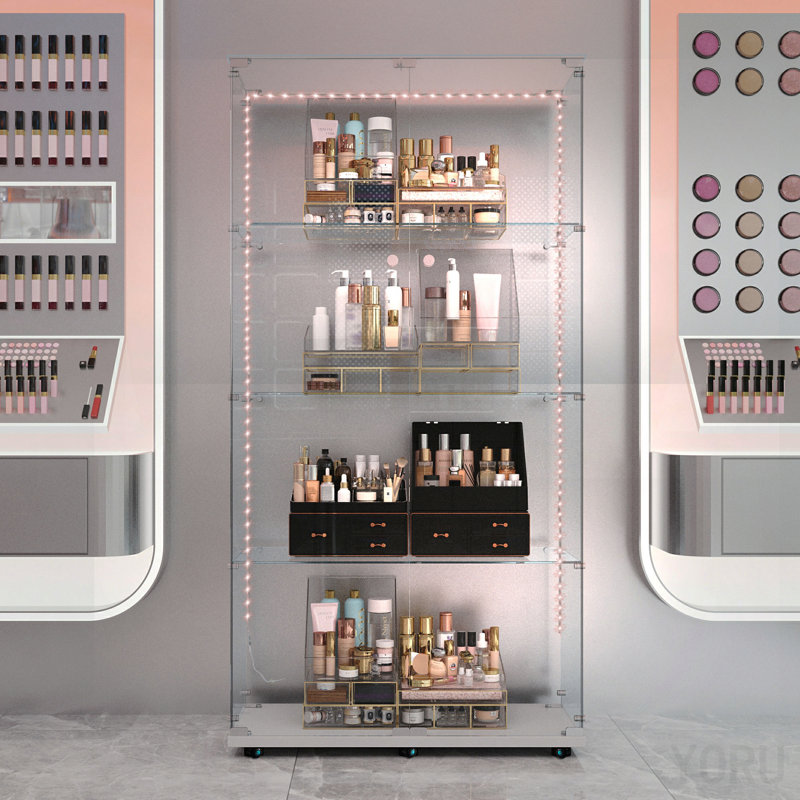 Glass Storage Cabinet, Wine/File, Bluetooth LED/Remote Control/Wheels - White