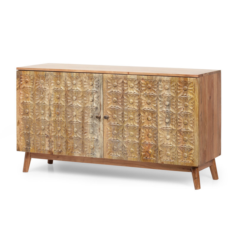  Buffet rustique avec deux portes, tablette réglable et motif floral sculpté, bois massif, naturel