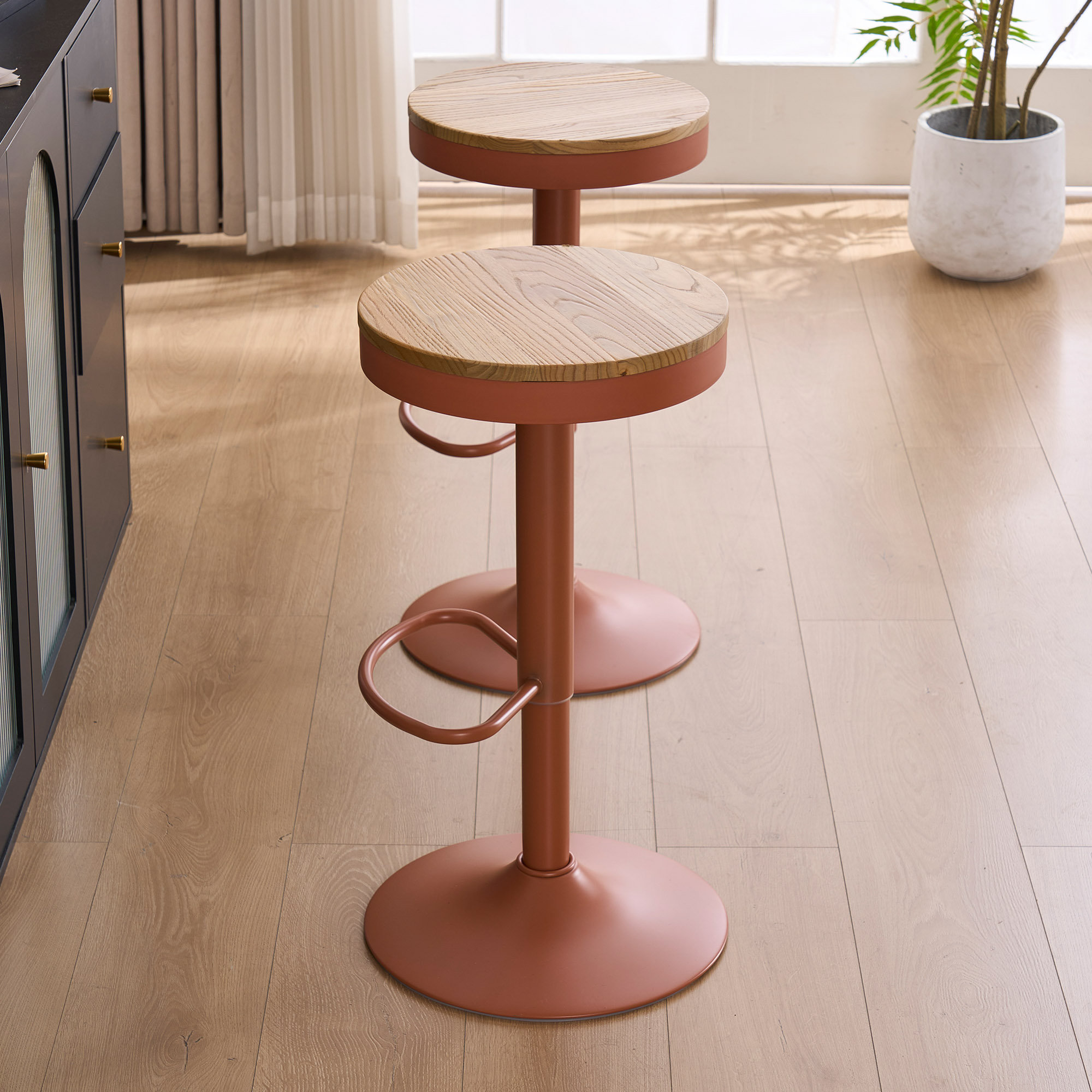 Jaina Swivel Solid Wood Adjustable Height Bar Stools, Counter Stools for Kitchen Island, Brown/Terracotta, 2