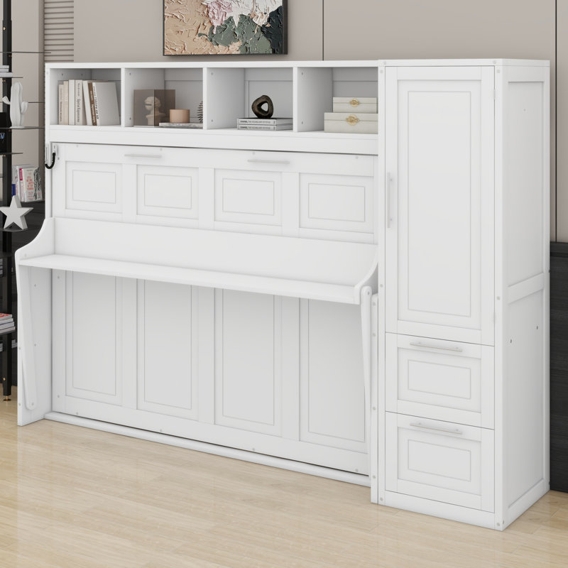 Lit escamotable Murphy avec placard et tiroirs, Blanc