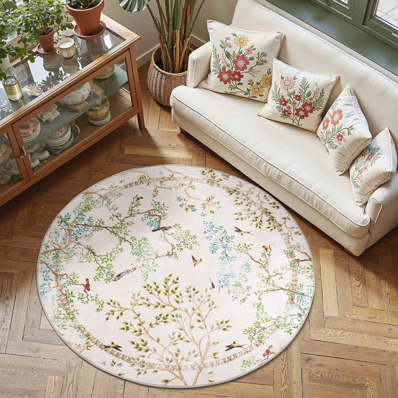 Floral Rug Botanical Birds Print Nature Plants Washable Non-slip Natural Ivory, Round 6', Ivory