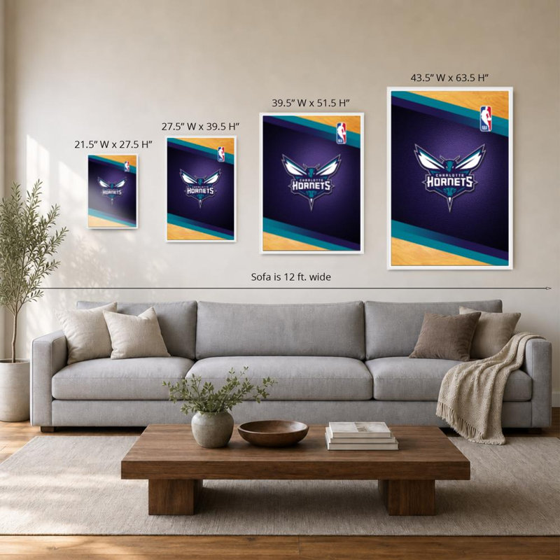 Charlotte Hornets NBA, art mural, H 60 po x l 40 po, Cadre flottant biseauté, Blanc