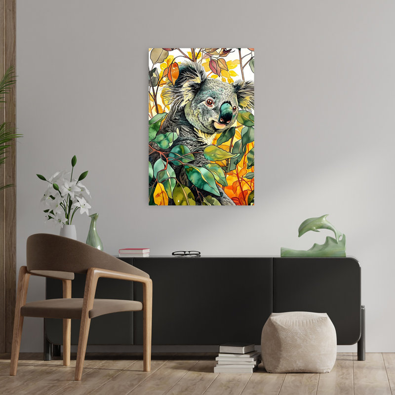 Koala dans des feuilles d'eucalyptus, art abstrait de la forêt Koala, H 36 po x l 24 po