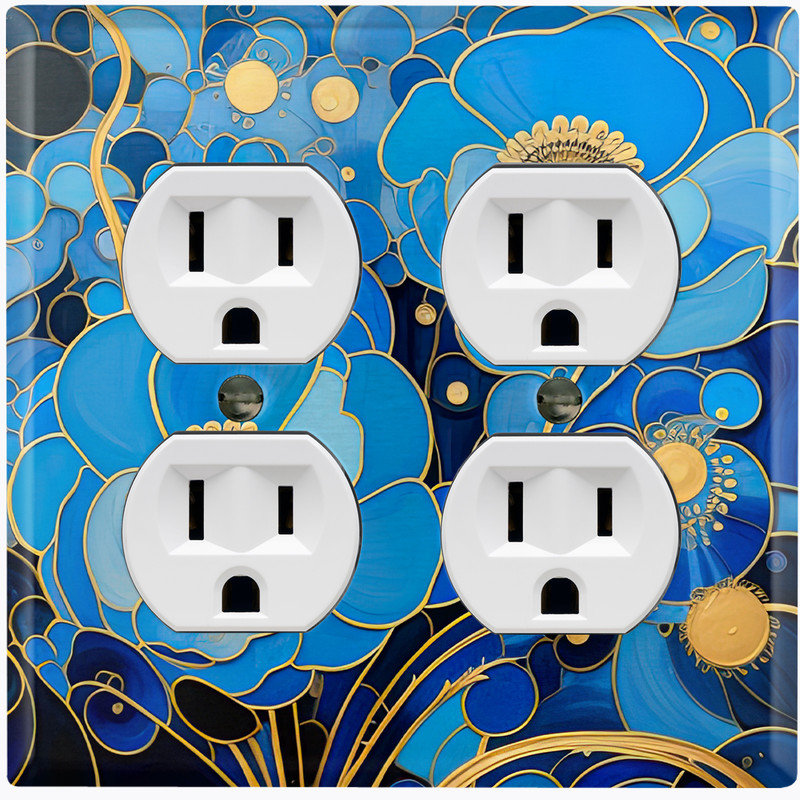 Couvercle de plaque d'interrupteur en métal; Fleurs de style Klimt bleu à 2 bandes US Standard, Prise double # 9