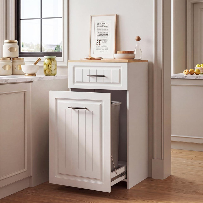 Armoire à poubelle escamotable pour bac de 13 gallons, armoire de poubelle de cuisine autoportante avec tiroir dissimulé, armoire de recyclage cachée à l'épreuve des animaux pour cuisine, buanderie, salon, blanc