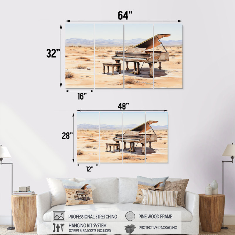 Desert Piano Melody II - Music Piano, art mural 4 pièces pour le salon, H 28 po x l 48 po