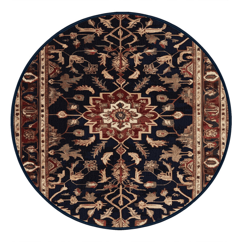 Machine Washable Persian Black Area Rug, Round 8'