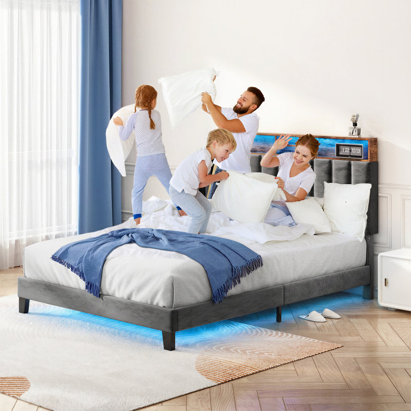 Structure de lit rembourrée avec tête de lit et tête de rangement avec lumières DEL intelligentes et station de charge USB, sans bruit, sans sommier