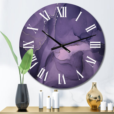 Horloge murale moderne mauve et gris avec nuages d'encre de marbre II