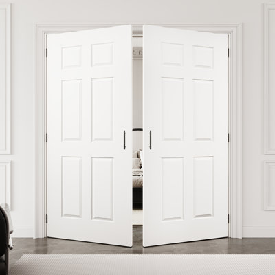 72" x 80" 6-Panel Molded Solid Interior French Door with Black Hardware & Ball Catch & Handle, Solid Core Door Slab, Paintable & Waterproof, Suit for Laundry, Closet Doors, Room Doors, Assembly Required