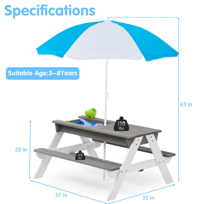 Outdoor Wooden ' Picnic Table With Adjustable Umbrella - 31 Convertible Sand & Water Table, Gray, Long-term Use Natural Wood Detachable Activity Made