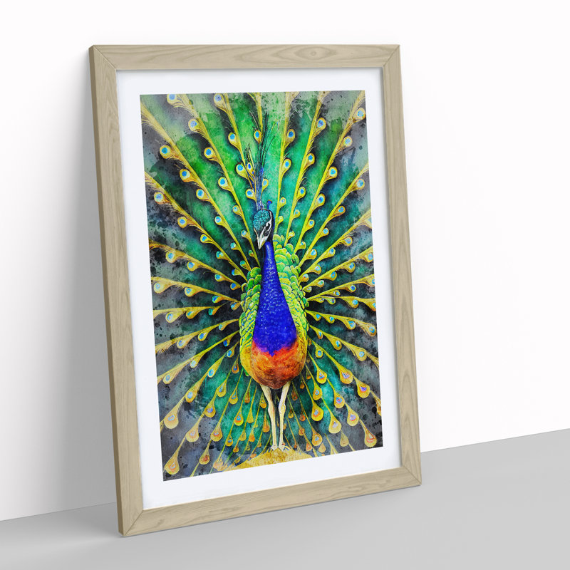 Peacock Watercolour No.1 - Wall Art, 66cm H x 48cm W, Oak Framed Paper, White