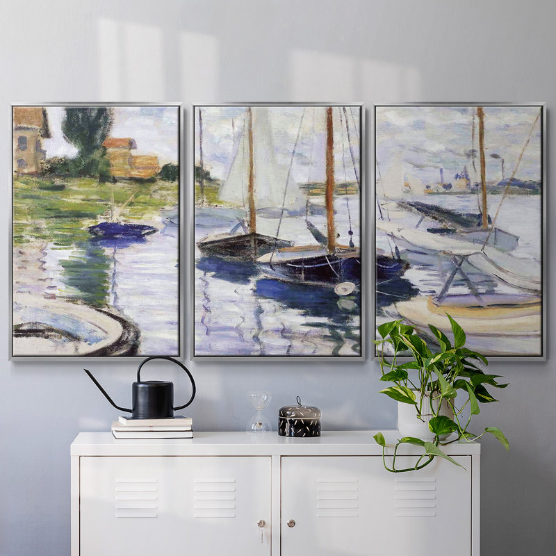 Bateaux à petit - Toile encadrée multi-pièces, H 36 po x l 75 po x P 2 po, Argenté