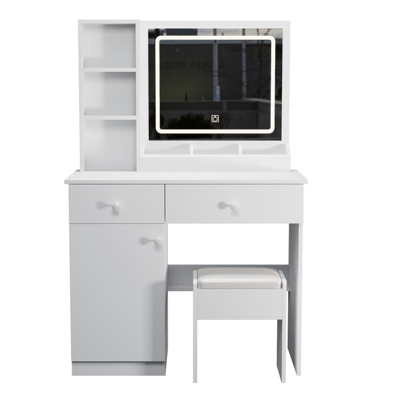 Fashion Vanity Desk with Mirror and Lights for Makeup, Vanity Mirror with Lights and Table Set with 3 Color Lighting Brightness Adjustable, 2 big Drawers, White Color