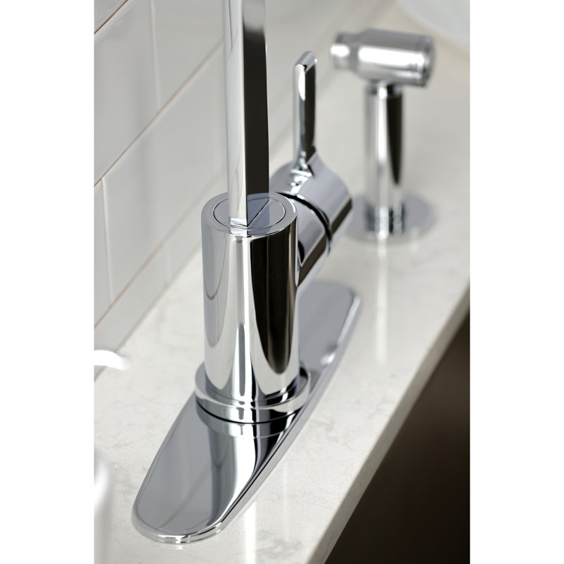 Kingston Brass Continental Single-Handle Deck Mount Kitchen Faucet with Brass Sprayer and Deck Plate, Polished Chrome