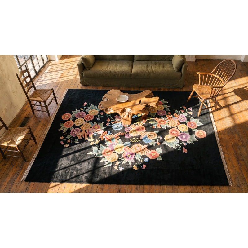 Exciting Colorful Floral Design Black Antique Chinese Art Deco Rug