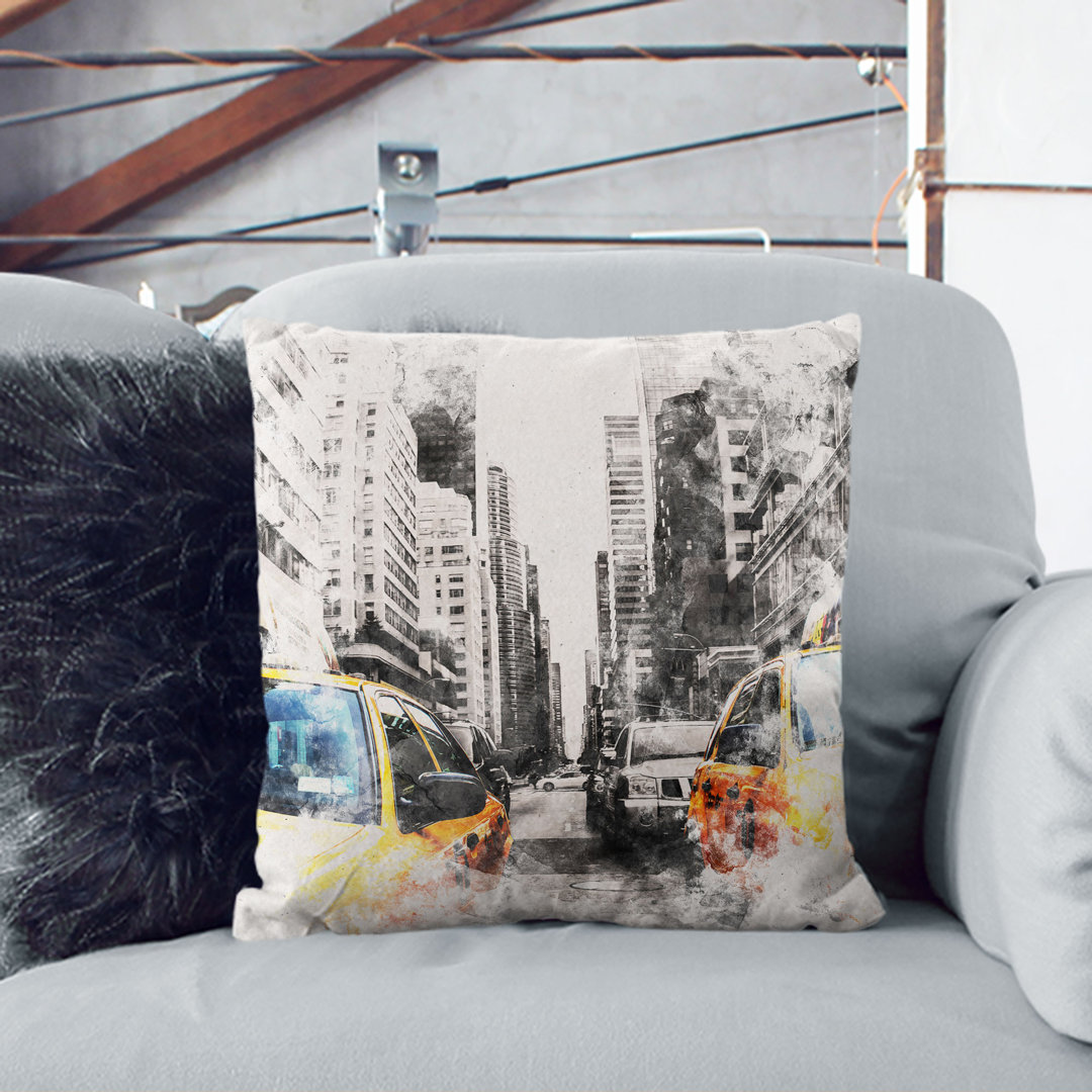 Solid/*Two Yellow Taxi Cabs in New York Cushion with Filling