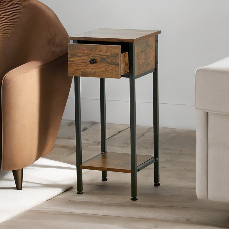Tall 2 Tier Side Table End Tables with Metal Frame and Storage Drawer Living Room Home Furniture