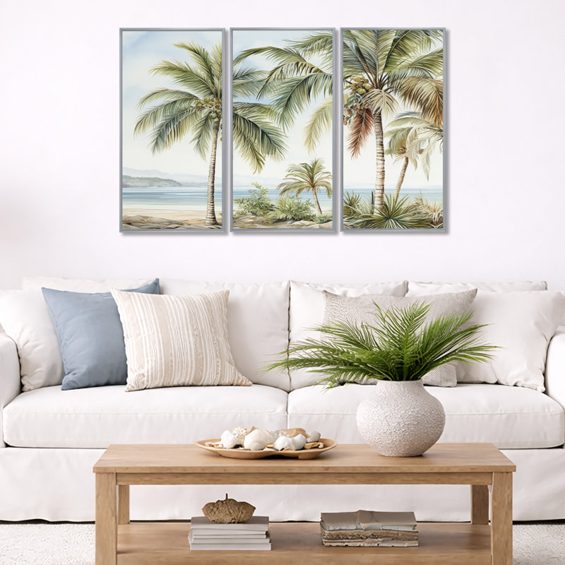 Ensemble de salon Palms Palm Trees On The Beach V - Palmiers et palmiers, H 32 po x l 48 po, Cadre argenté flottant