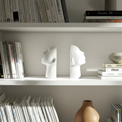 Modern Textured Face Bookends - Decorative Sculptural Resin Book Ends for Bookshelf, Desk Styling, or Home Decor - Set of 2, 9", White