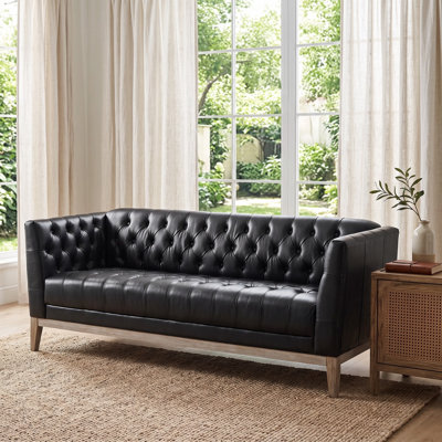 Canapé Chesterfield 3 places de 201 cm (79,1 pouces) avec capitonnage profond, revêtement 100 % cuir PU et pieds en pin massif – Canapé moderne du milieu du siècle pour salon, appartement et bureau