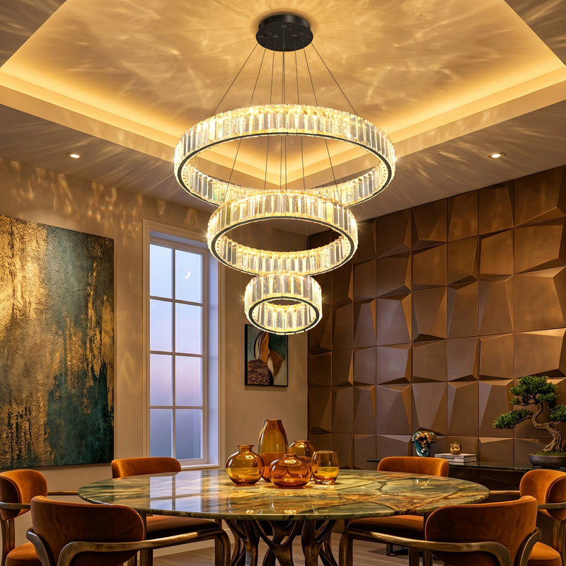 3-ring Modern Crystal Led Dimmable Chandelier Black, Matte Black
