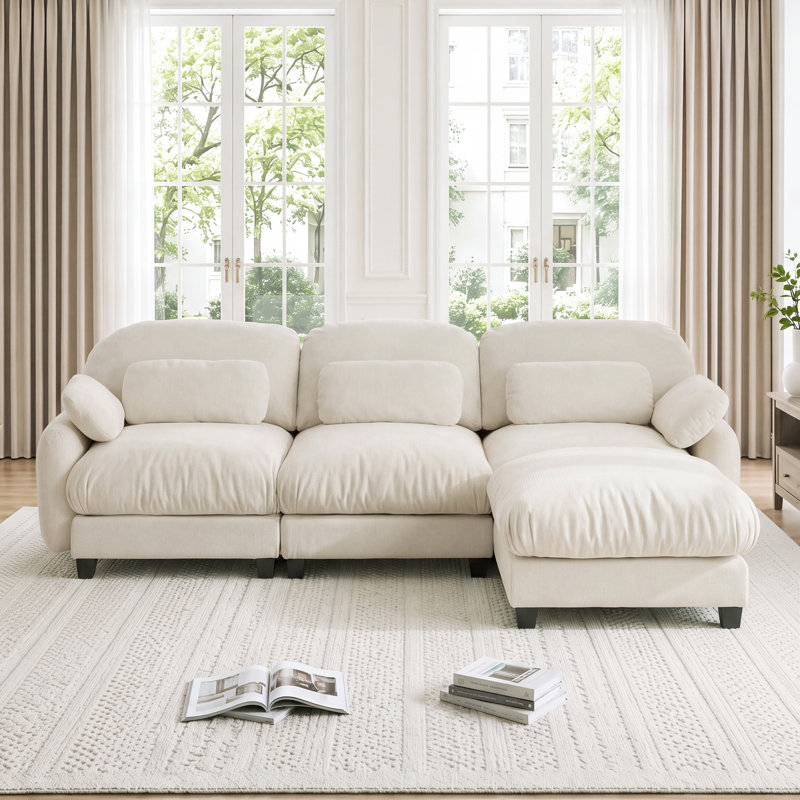 Canapé d'angle modulaire 3 places Cloud Feel, chenille beige, avec pouf, L 104,3 po, Beige