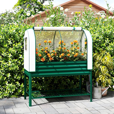 Galvanised Raised Garden Bed with Greenhouse Cover, Metal Elevated Garden Bed with Legs, Bed Liner and Bottom Shelf, Outdoor Raised Planter Box for Vegetables, Herbs, Flowers, Green