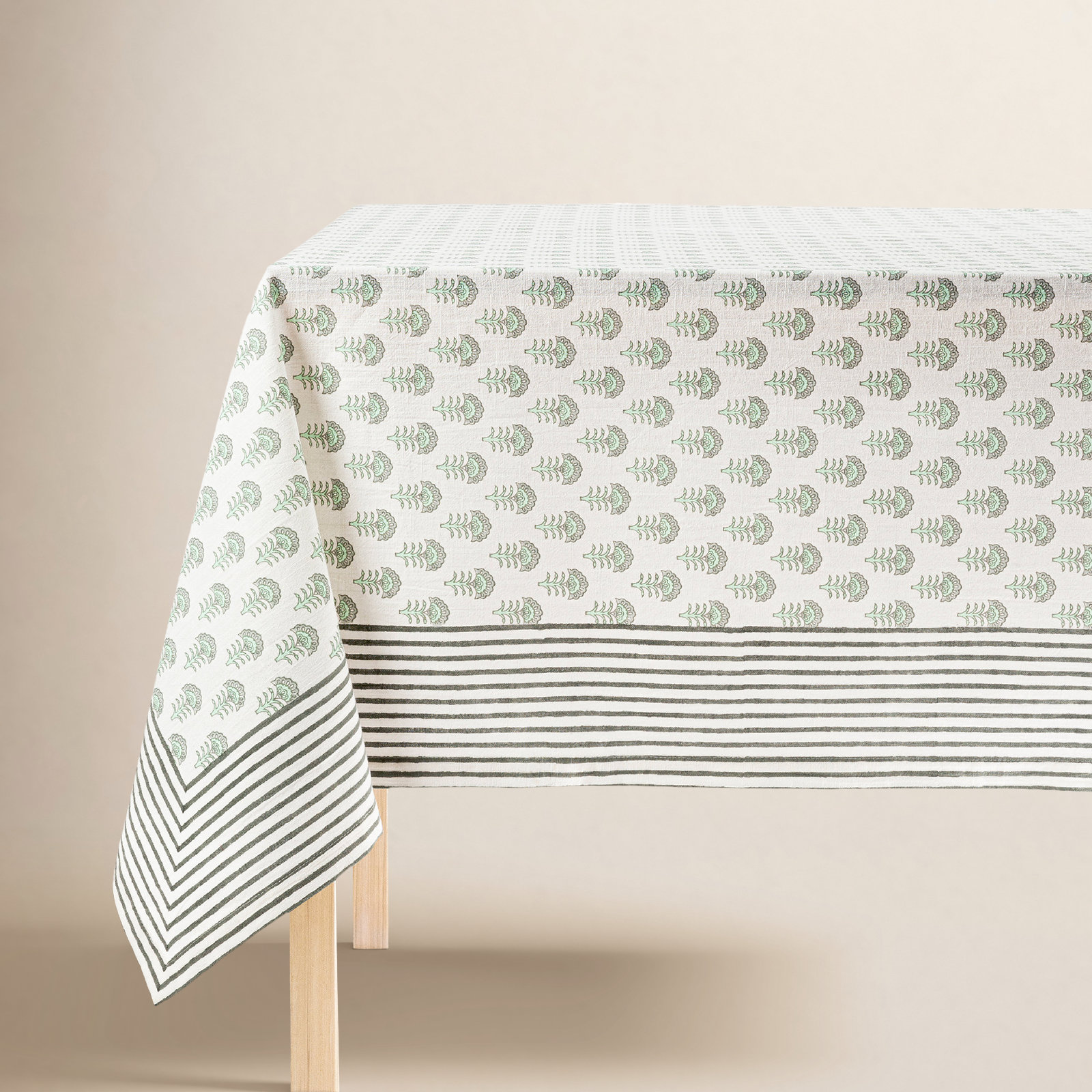 over&back Hand-Blocked Tablecloth, Green Flower, 70" W x 108" L