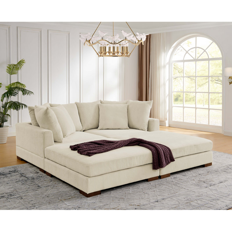 Canapé modulaire 4 pièces Ashon, Velours côtelé crème