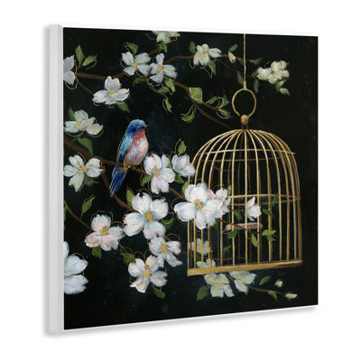 Evening Song Birdcage over Black Wall Plaque, design by Nan