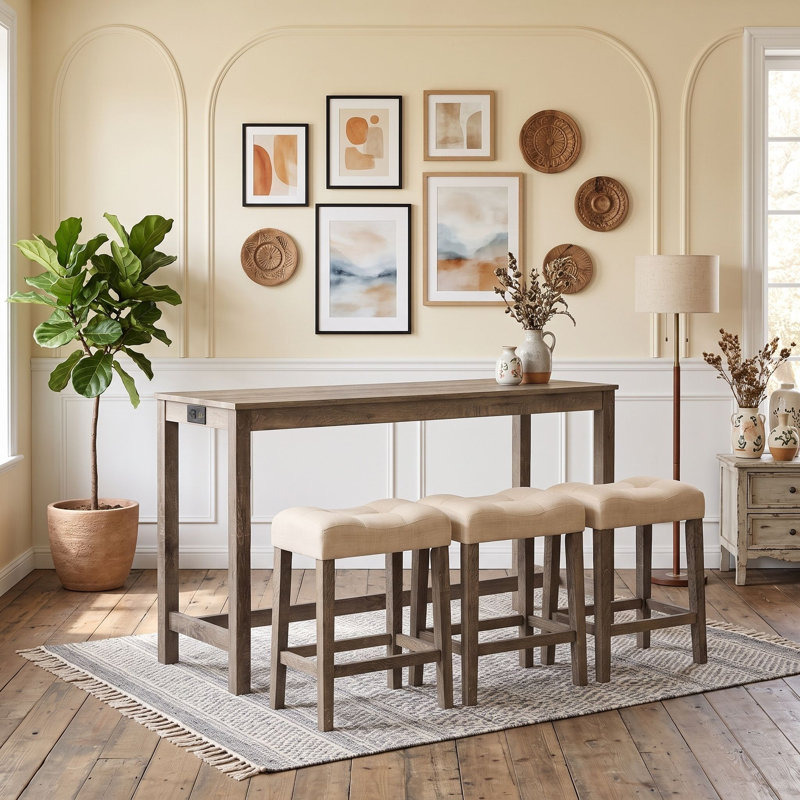 Ensemble de table de bar rustique 4 pièces avec port de chargement intégré et tabourets rembourrés pour cuisine ou salon