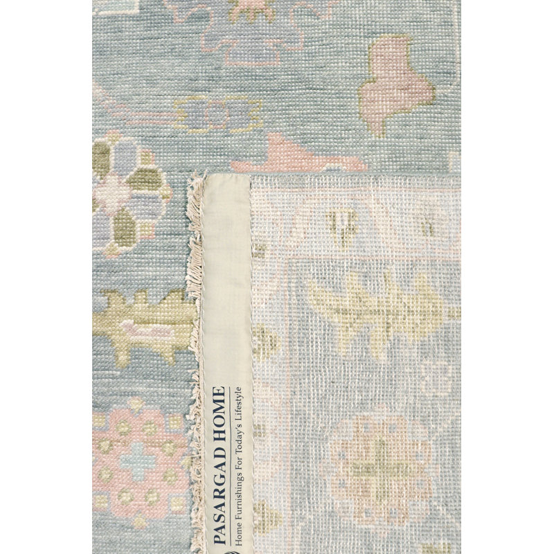 Tapis bleu clair / orange en laine noué à la main Oushak, Rectangle 6 pi 2 po x 8 pi 11 po