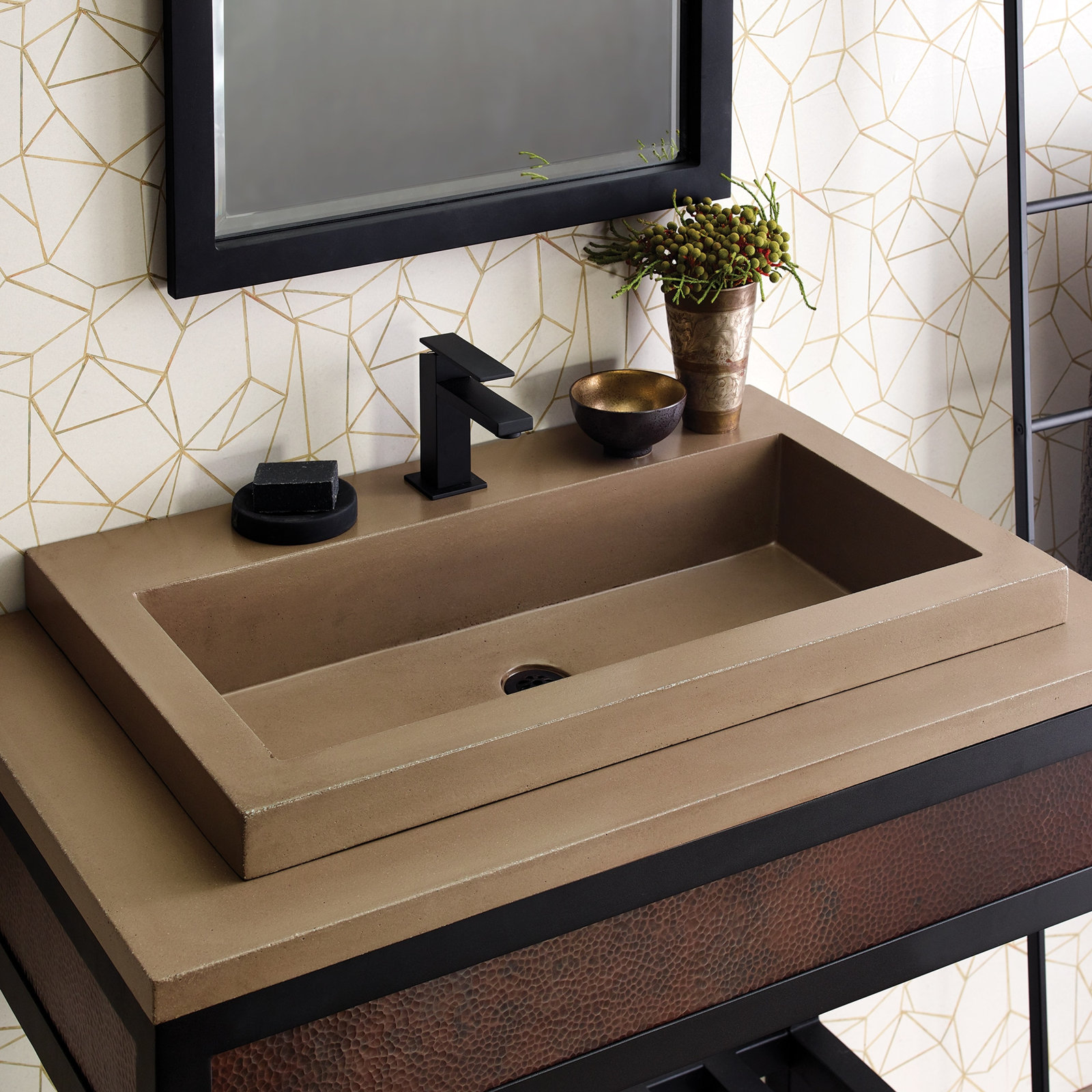 NativeStone Trough Concrete Drop-In Sink, Earth, Single Faucet Hole