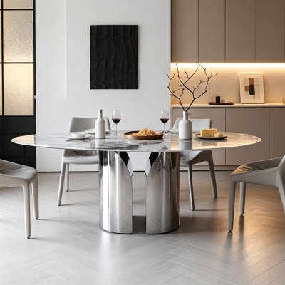 Silver Oval Marble+Stainless Steel Dining Table